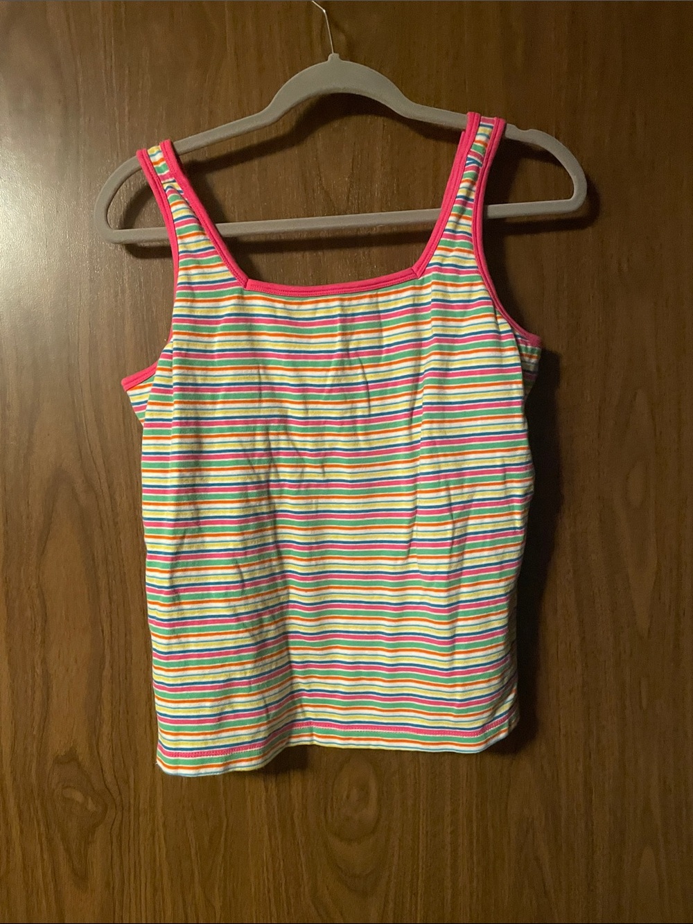Basic Editions White Tank with Multicolor Stripes and Pink Trim
